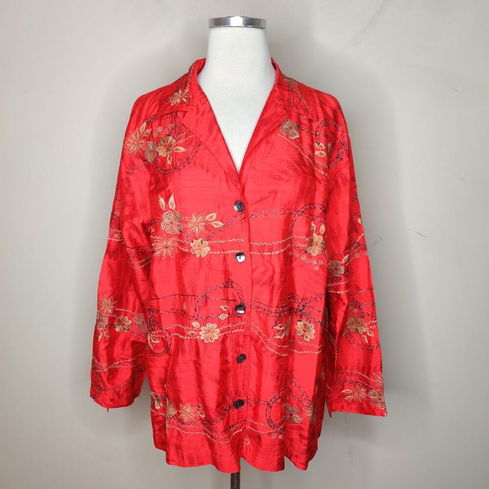Red Floral Button-Front Women's Top